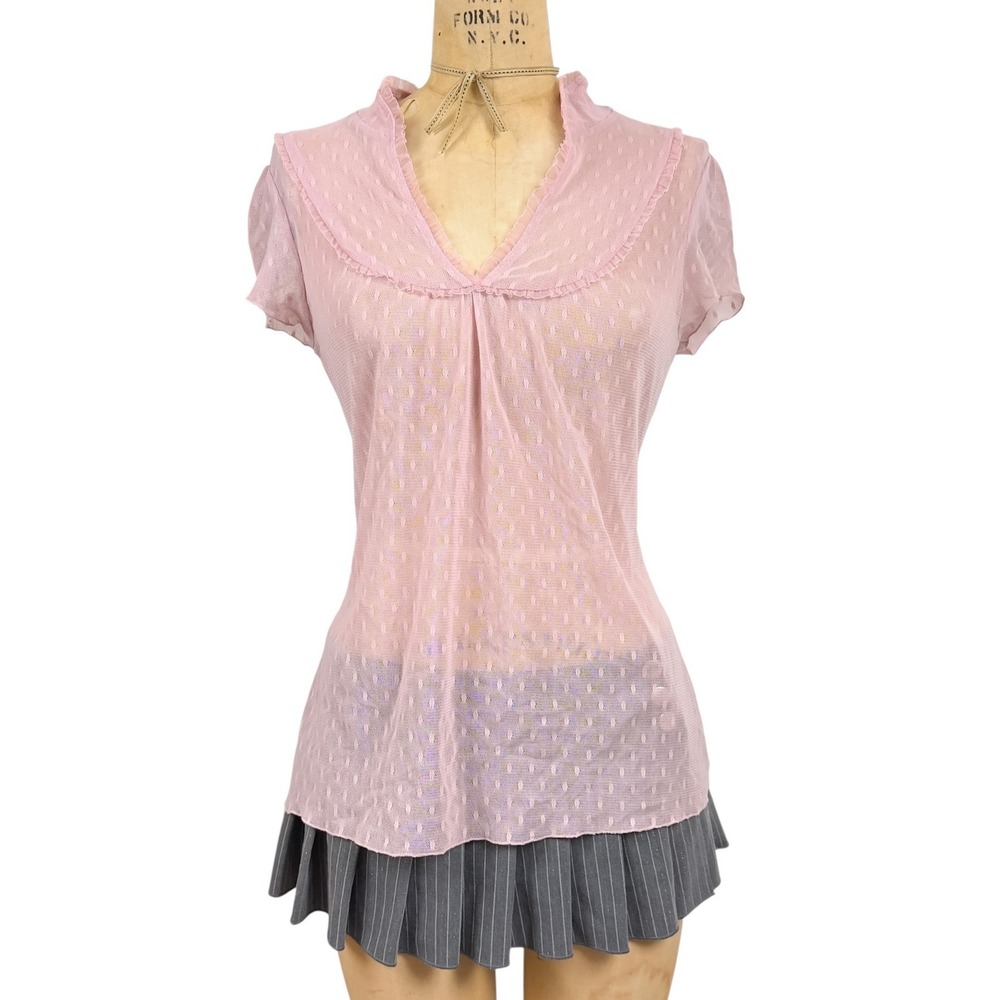 Y2K Coquette Pink Swiss Dot Mesh Top Ruffle V Neck Sheer Romantic Balletcore M